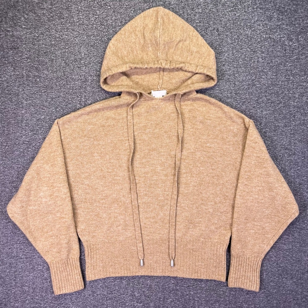 H&M Knit Hoodie Womens XS Tan Brown Cropped Relaxed Casual Soft Pullover Sweater